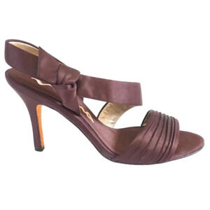 Nina Brown Satin Open Toe Gold Bottom Heels